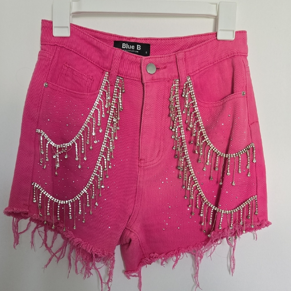 Pink Jean Shorts with Silver Chain Fringe